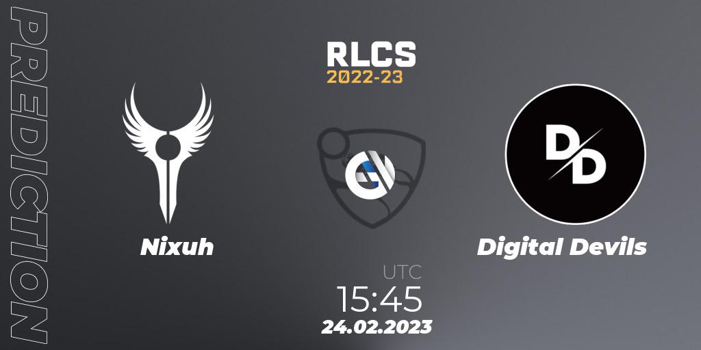 Nixuh vs Digital Devils: Match Prediction. 24.02.2023 at 15:45, Rocket League, RLCS 2022-23 - Winter: Sub-Saharan Africa Regional 3 - Winter Invitational