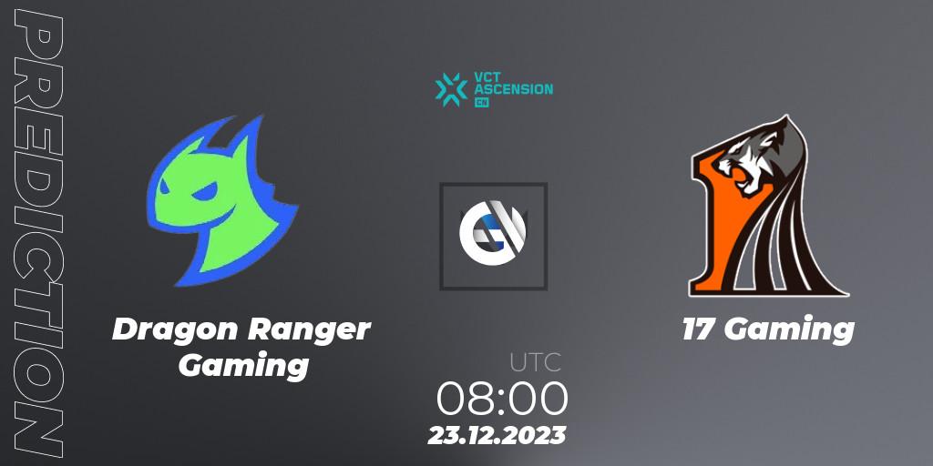 Dragon Ranger Gaming vs 17 Gaming: Match Prediction. 23.12.2023 at 08:40, VALORANT, VALORANT China Ascension 2023