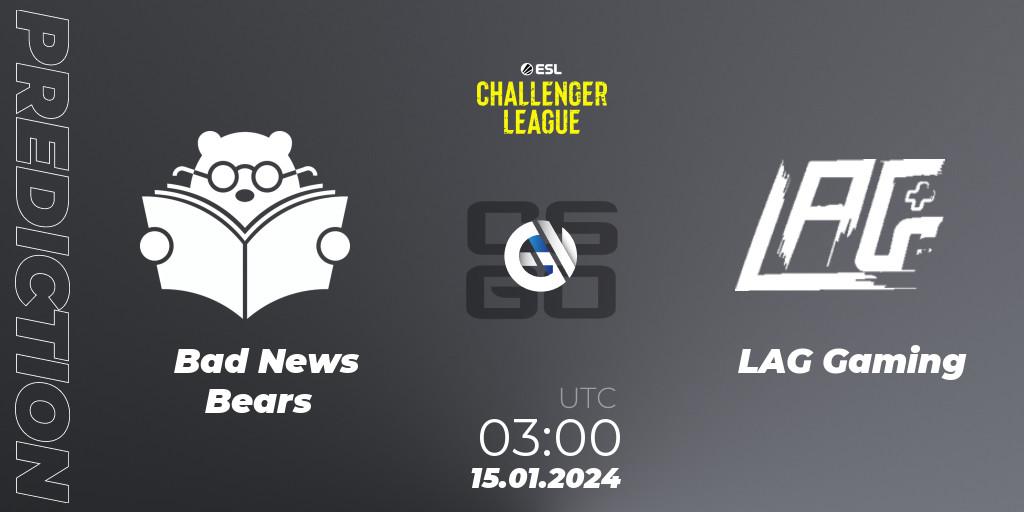 Bad News Bears vs LAG Gaming: Match Prediction. 15.01.2024 at 02:00, Counter-Strike (CS2), ESL Challenger League Season 46 Relegation: North America