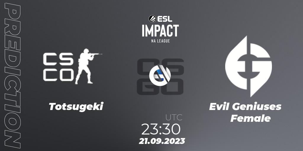 Totsugeki vs Evil Geniuses Female: Match Prediction. 21.09.2023 at 23:30, Counter-Strike (CS2), ESL Impact League Season 4: North American Division