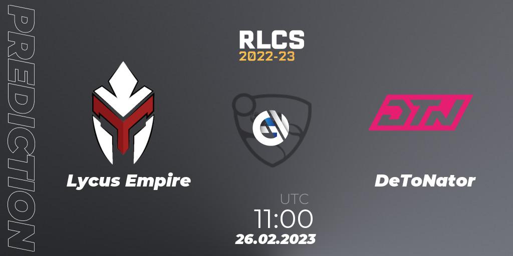 Lycus Empire vs DeToNator: Match Prediction. 26.02.2023 at 11:20, Rocket League, RLCS 2022-23 - Winter: Asia-Pacific Regional 3 - Winter Invitational