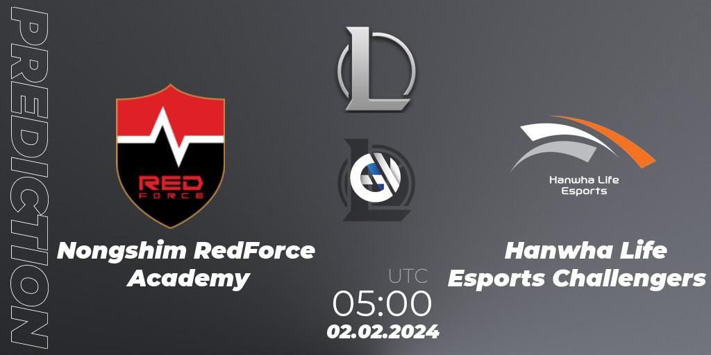 Nongshim RedForce Academy vs Hanwha Life Esports Challengers: Match Prediction. 02.02.2024 at 05:00, LoL, LCK Challengers League 2024 Spring - Group Stage