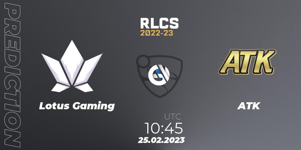 Lotus Gaming vs ATK: Match Prediction. 25.02.2023 at 10:45, Rocket League, RLCS 2022-23 - Winter: Asia-Pacific Regional 3 - Winter Invitational