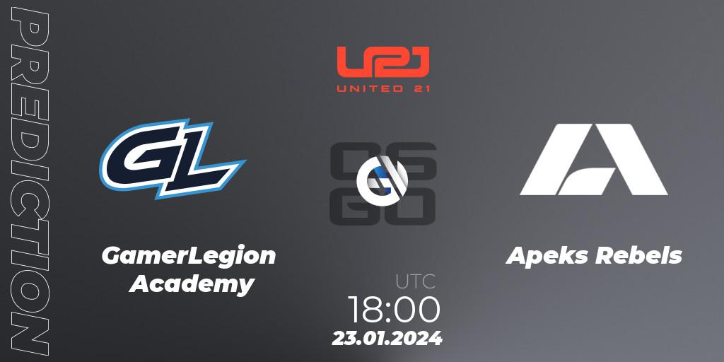 GamerLegion Academy vs Apeks Rebels: Match Prediction. 23.01.2024 at 18:30, Counter-Strike (CS2), United21 Season 10: Division 2