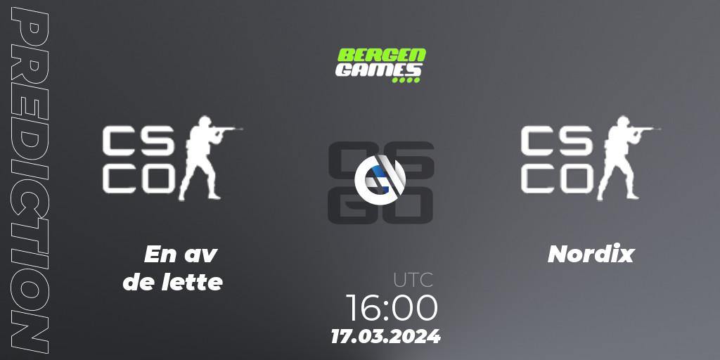 En av de lette vs Nordix Esport: Match Prediction. 17.03.2024 at 16:00, Counter-Strike (CS2), Bergen Games 2024