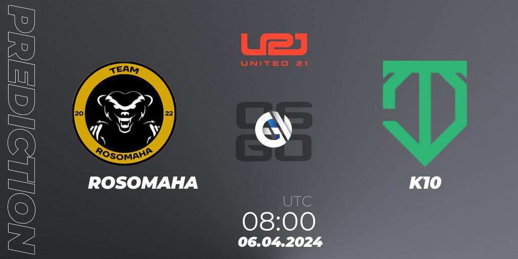 ROSOMAHA vs K10: Match Prediction. 06.04.2024 at 08:00, Counter-Strike (CS2), United21 Season 14