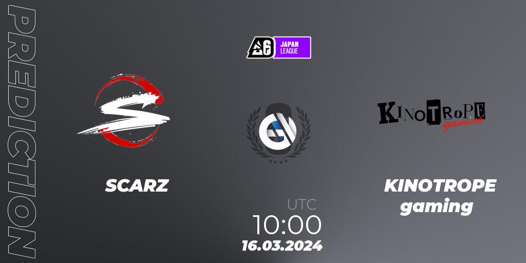 SCARZ vs KINOTROPE gaming: Match Prediction. 16.03.2024 at 10:00, Rainbow Six, Japan League 2024 - Stage 1