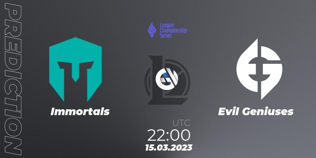 Immortals vs Evil Geniuses: Match Prediction. 16.03.2023 at 00:00, LoL, LCS Spring 2023 - Group Stage