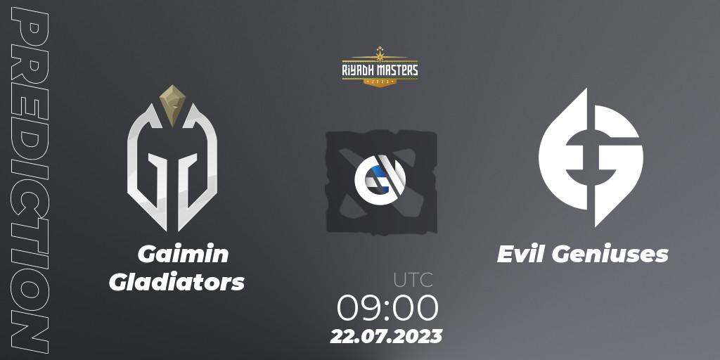 Gaimin Gladiators vs Evil Geniuses: Match Prediction. 22.07.2023 at 09:00, Dota 2, Riyadh Masters 2023 - Group Stage