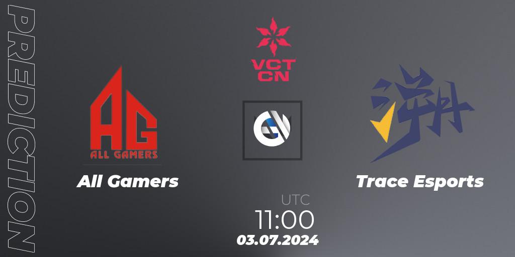 All Gamers vs Trace Esports: Match Prediction. 03.07.2024 at 11:00, VALORANT, VALORANT Champions Tour China 2024: Stage 2 - Group Stage