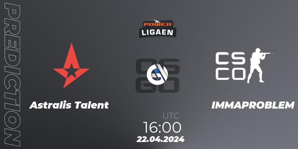 Astralis Talent vs IMMAPROBLEM: Match Prediction. 22.04.2024 at 16:00, Counter-Strike (CS2), Dust2.dk Ligaen Season 26
