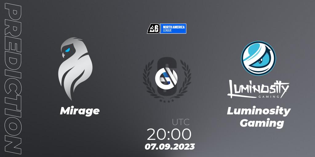 Mirage vs Luminosity Gaming: Match Prediction. 07.09.2023 at 20:00, Rainbow Six, North America League 2023 - Stage 2