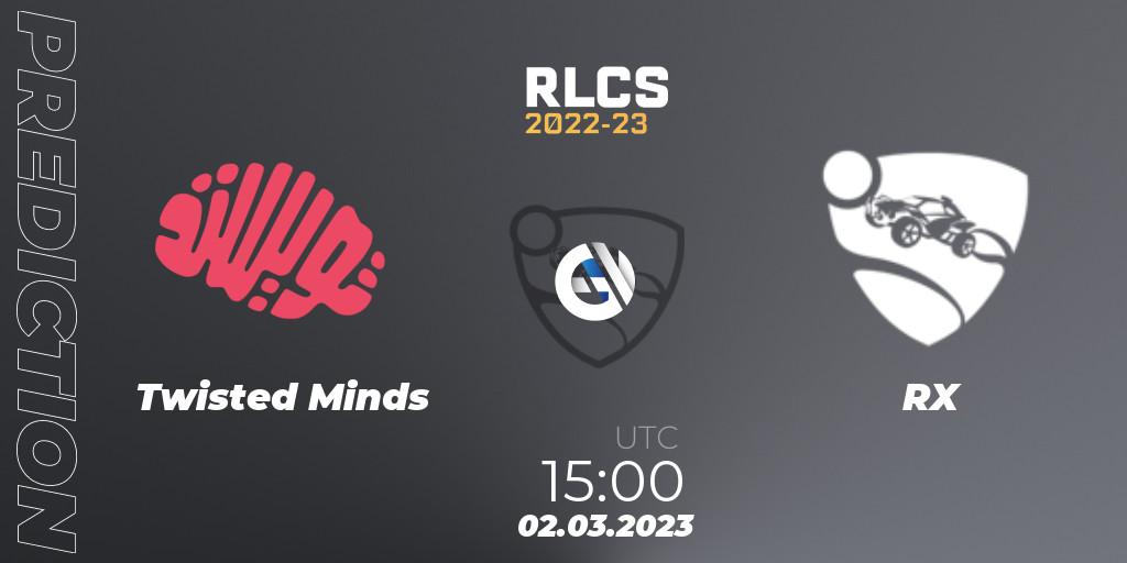 Twisted Minds vs RX: Match Prediction. 02.03.2023 at 15:00, Rocket League, RLCS 2022-23 - Winter: Middle East and North Africa Regional 3 - Winter Invitational