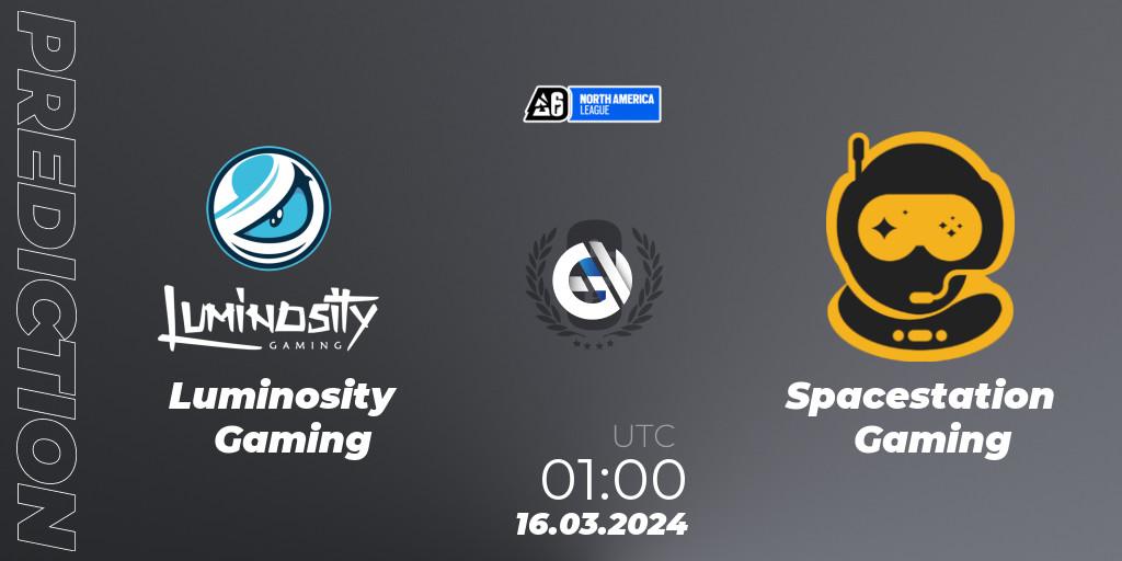 Luminosity Gaming vs Spacestation Gaming: Match Prediction. 16.03.2024 at 01:00, Rainbow Six, North America League 2024 - Stage 1