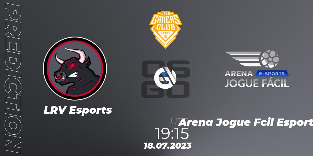 LRV Esports vs Arena Jogue Fácil Esports: Match Prediction. 18.07.2023 at 19:15, Counter-Strike (CS2), Gamers Club Liga Série S: Season 3