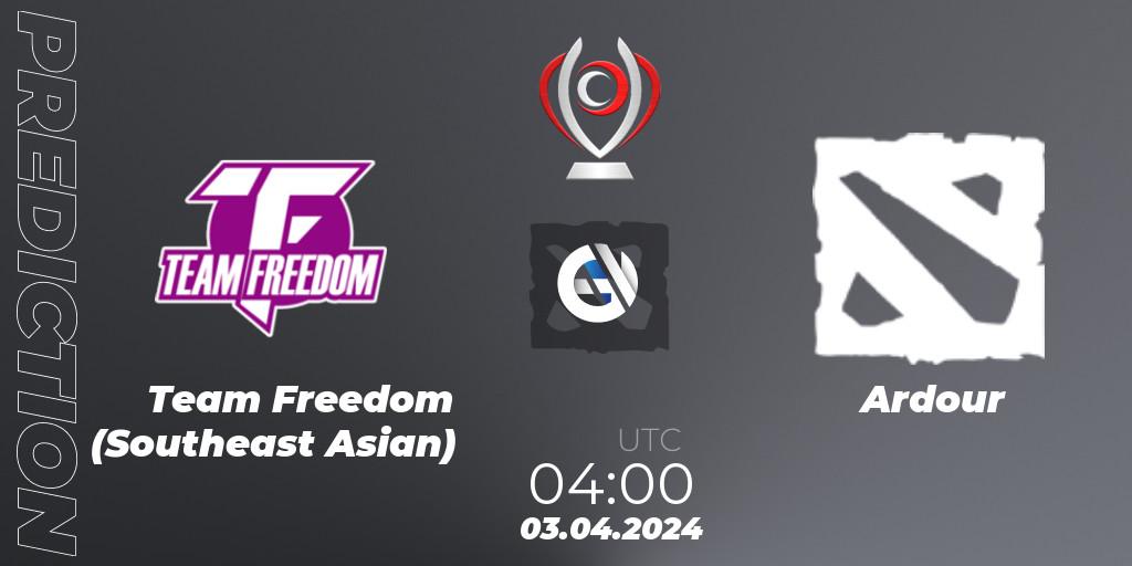 Team Freedom (Southeast Asian) vs Ardour: Match Prediction. 03.04.2024 at 04:00, Dota 2, Opus League