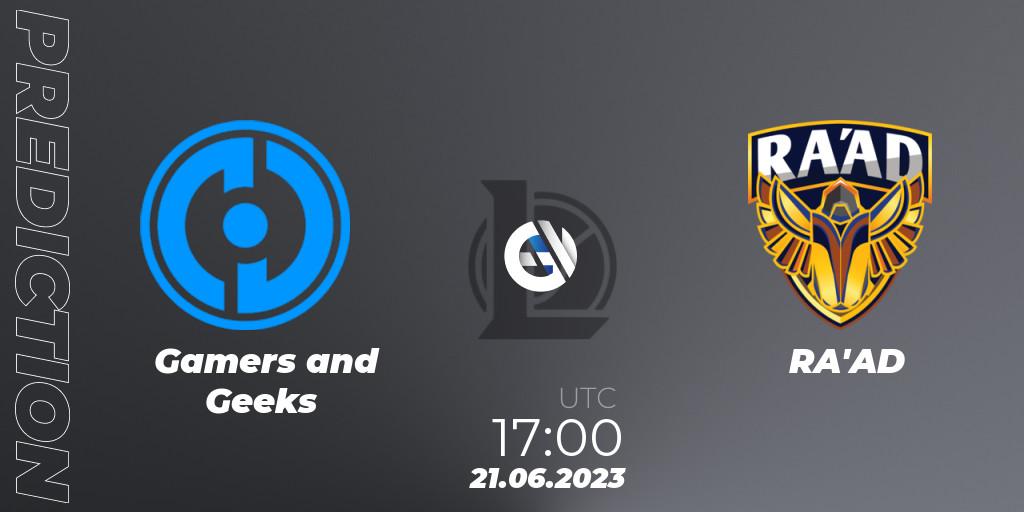 Gamers and Geeks vs RA'AD: Match Prediction. 21.06.2023 at 17:00, LoL, Arabian League Summer 2023 - Group Stage