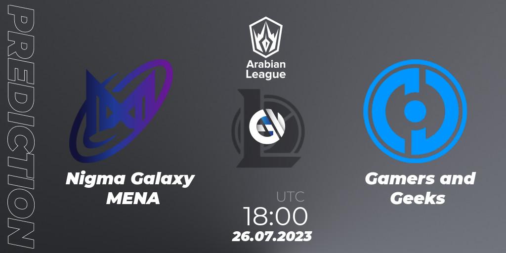 Nigma Galaxy MENA vs Gamers and Geeks: Match Prediction. 26.07.2023 at 18:00, LoL, Arabian League Summer 2023 - Group Stage