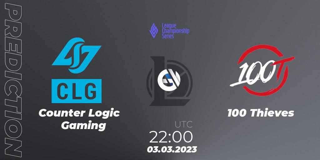 Counter Logic Gaming vs 100 Thieves: Match Prediction. 17.02.2023 at 00:00, LoL, LCS Spring 2023 - Group Stage