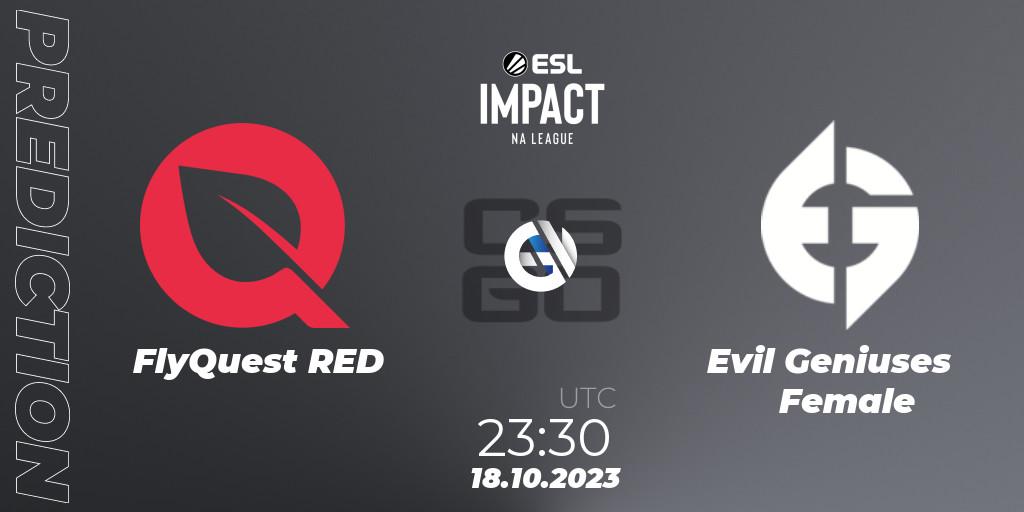FlyQuest RED vs Evil Geniuses Female: Match Prediction. 18.10.2023 at 23:45, Counter-Strike (CS2), ESL Impact League Season 4: North American Division