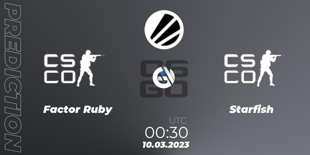 Factor Ruby vs Starfish: Match Prediction. 10.03.2023 at 00:30, Counter-Strike (CS2), ESL Impact League Season 3: North American Division
