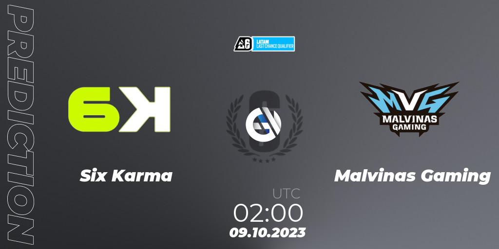 Six Karma vs Malvinas Gaming: Match Prediction. 09.10.2023 at 02:00, Rainbow Six, LATAM League 2023 - Stage 2 - Last Chance Qualifier