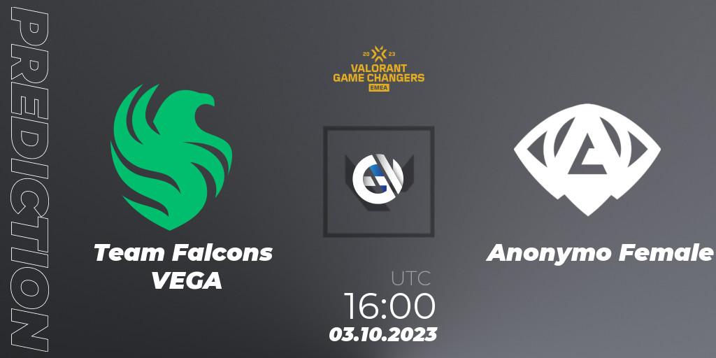 Team Falcons VEGA vs Anonymo Female: Match Prediction. 03.10.2023 at 16:00, VALORANT, VCT 2023: Game Changers EMEA Stage 3 - Playoffs