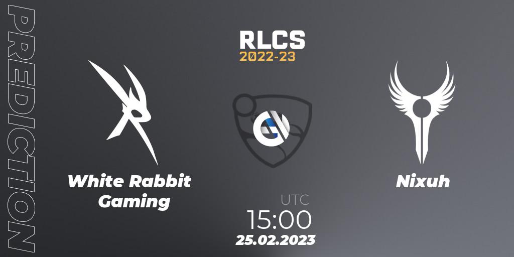 White Rabbit Gaming vs Nixuh: Match Prediction. 25.02.2023 at 15:00, Rocket League, RLCS 2022-23 - Winter: Sub-Saharan Africa Regional 3 - Winter Invitational