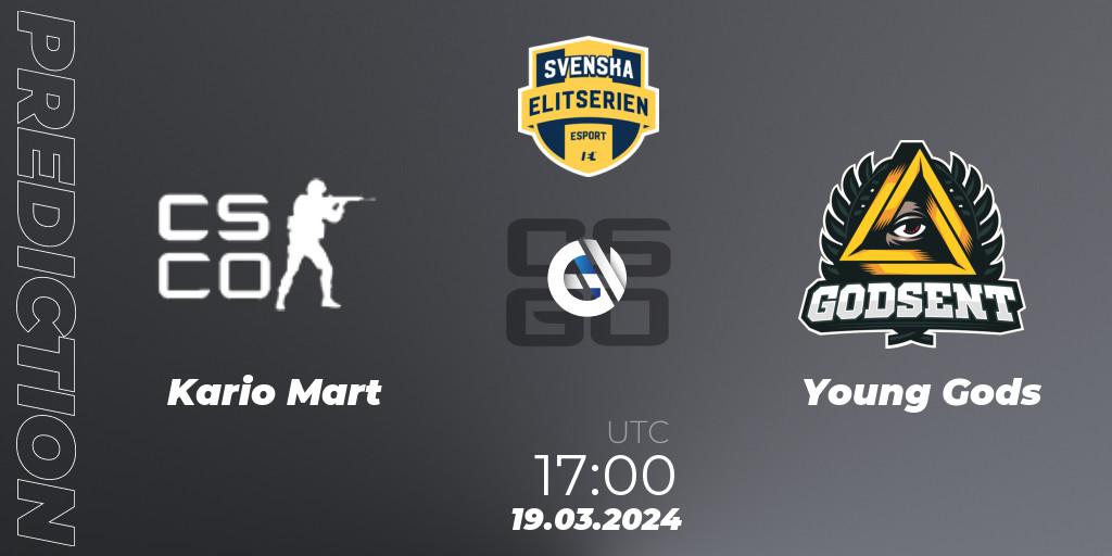 Kario Mart vs Young Gods: Match Prediction. 19.03.2024 at 17:00, Counter-Strike (CS2), Svenska Elitserien Spring 2024