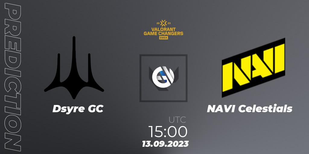 Dsyre GC vs NAVI Celestials: Match Prediction. 13.09.2023 at 15:00, VALORANT, VCT 2023: Game Changers EMEA Stage 3 - Group Stage