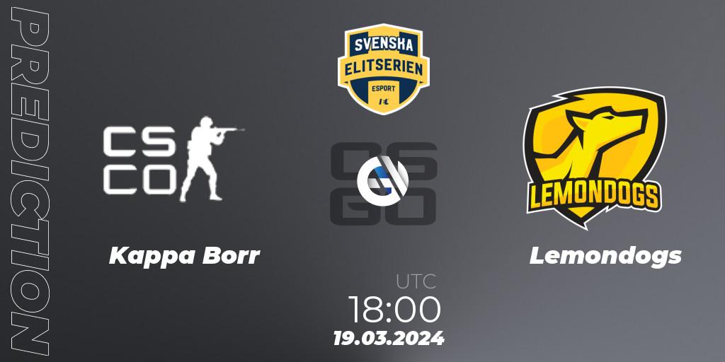 Kappa Borr vs Lemondogs: Match Prediction. 19.03.2024 at 18:00, Counter-Strike (CS2), Svenska Elitserien Spring 2024