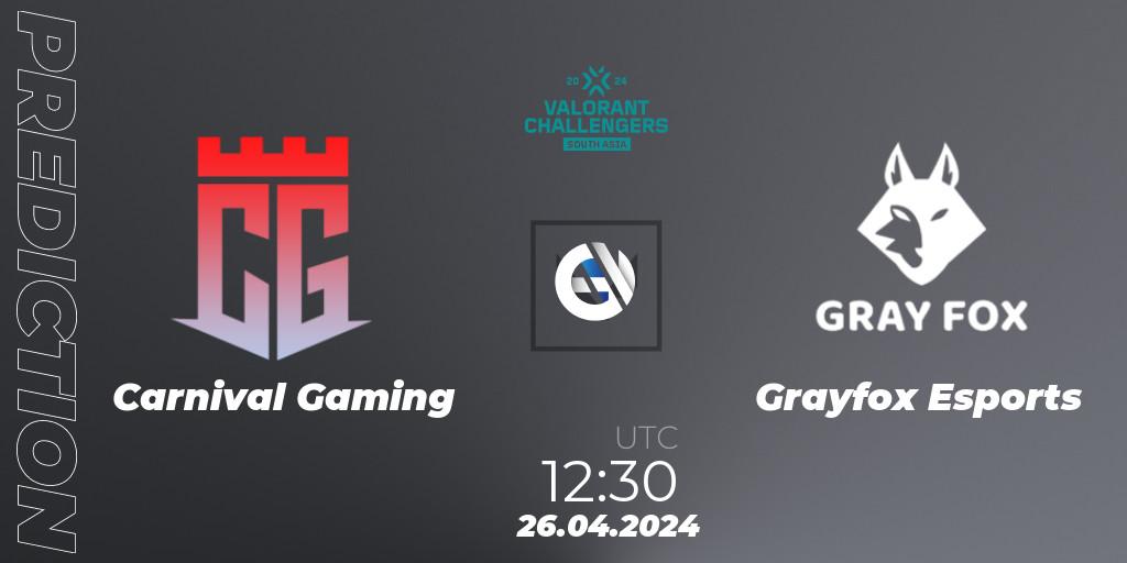 Carnival Gaming vs Grayfox Esports: Match Prediction. 26.04.2024 at 12:30, VALORANT, VALORANT Challengers 2024 South Asia: Split 1 - Cup 2