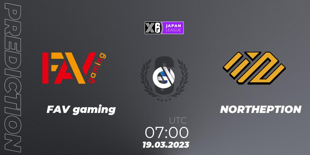 FAV gaming vs NORTHEPTION: Match Prediction. 19.03.2023 at 07:00, Rainbow Six, Japan League 2023 - Stage 1