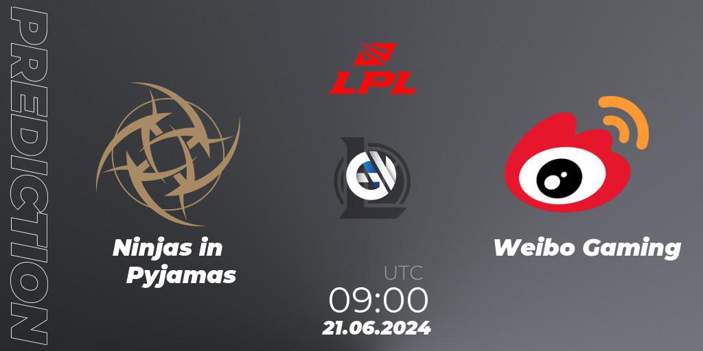 Ninjas in Pyjamas vs Weibo Gaming: Match Prediction. 21.06.2024 at 11:00, LoL, LPL 2024 Summer - Group Stage