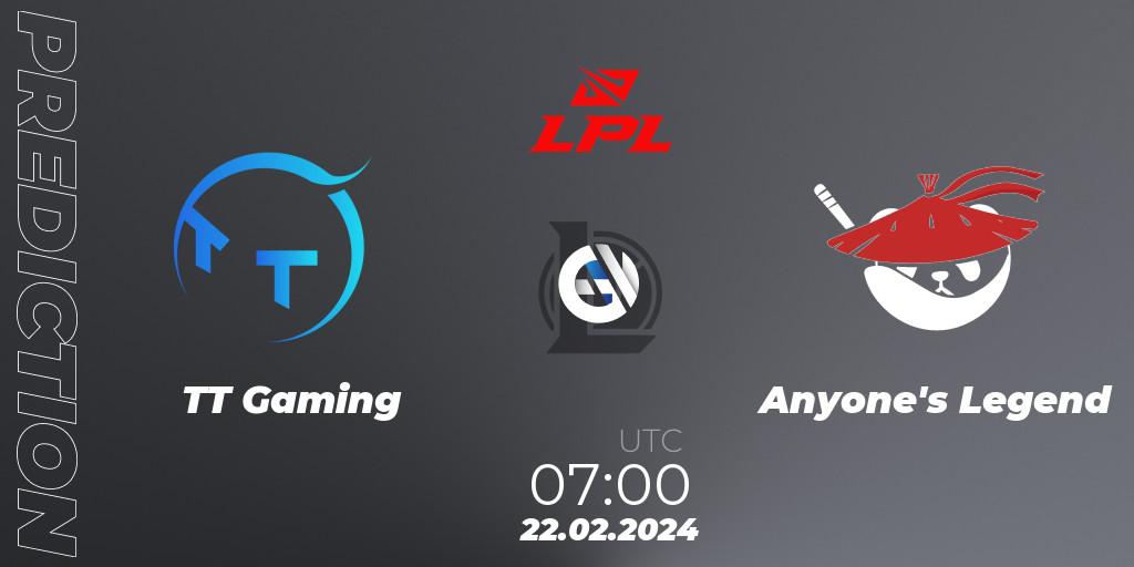 TT Gaming vs Anyone's Legend: Match Prediction. 22.02.24, LoL, LPL Spring 2024 - Group Stage