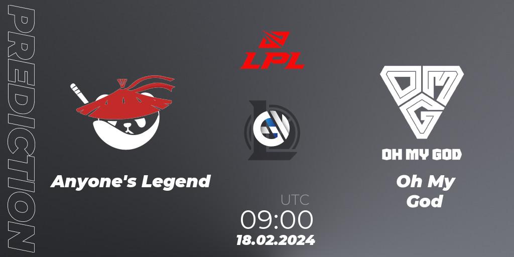 Anyone's Legend vs Oh My God: Match Prediction. 18.02.2024 at 09:00, LoL, LPL Spring 2024 - Group Stage
