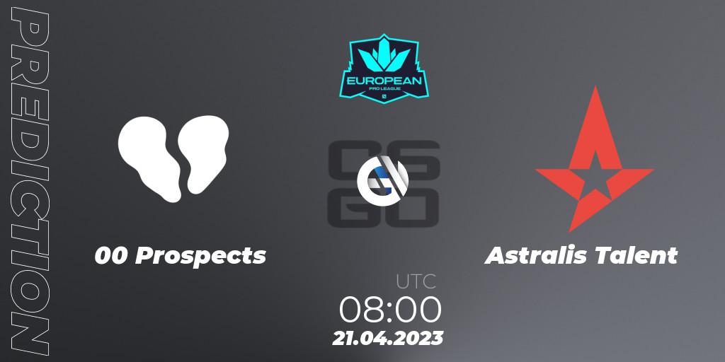 00 Prospects vs Astralis Talent: Match Prediction. 21.04.2023 at 08:00, Counter-Strike (CS2), European Pro League Season 7
