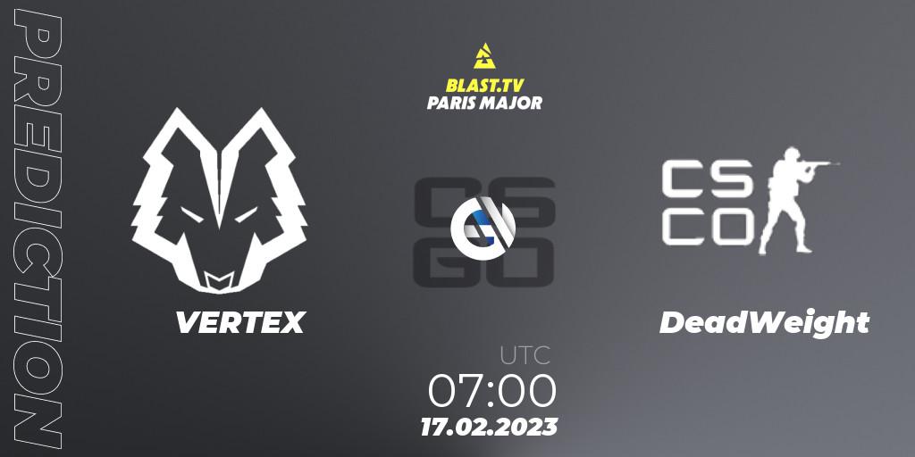 VERTEX vs DeadWeight: Match Prediction. 17.02.2023 at 07:00, Counter-Strike (CS2), BLAST.tv Paris Major 2023 Oceania RMR Closed Qualifier
