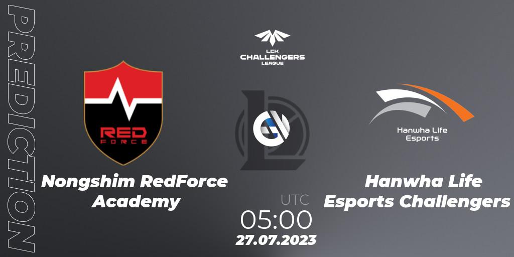 Nongshim RedForce Academy vs Hanwha Life Esports Challengers: Match Prediction. 27.07.2023 at 05:00, LoL, LCK Challengers League 2023 Summer - Group Stage