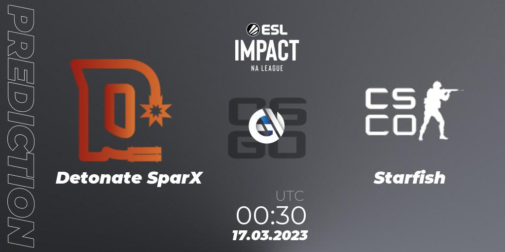 Detonate SparX vs Starfish: Match Prediction. 17.03.2023 at 00:30, Counter-Strike (CS2), ESL Impact League Season 3: North American Division