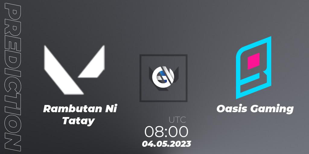 Rambutan Ni Tatay vs Oasis Gaming: Match Prediction. 04.05.2023 at 08:00, VALORANT, VALORANT Challengers 2023: Philippines Split 2 - Group stage