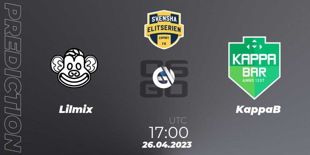 Lilmix vs KappaB: Match Prediction. 26.04.2023 at 17:00, Counter-Strike (CS2), Svenska Elitserien Spring 2023: Online Stage