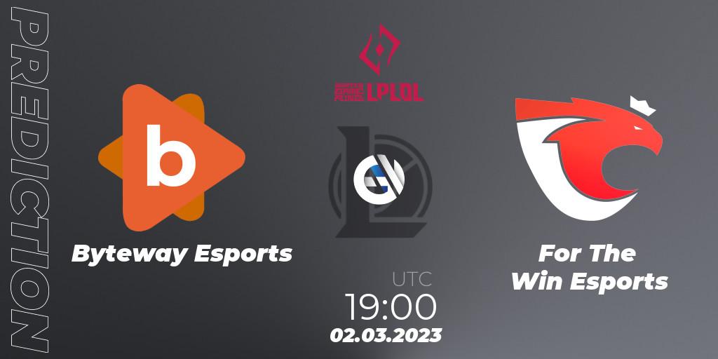 Byteway Esports vs For The Win Esports: Match Prediction. 02.03.2023 at 19:00, LoL, LPLOL Split 1 2023 - Group Stage