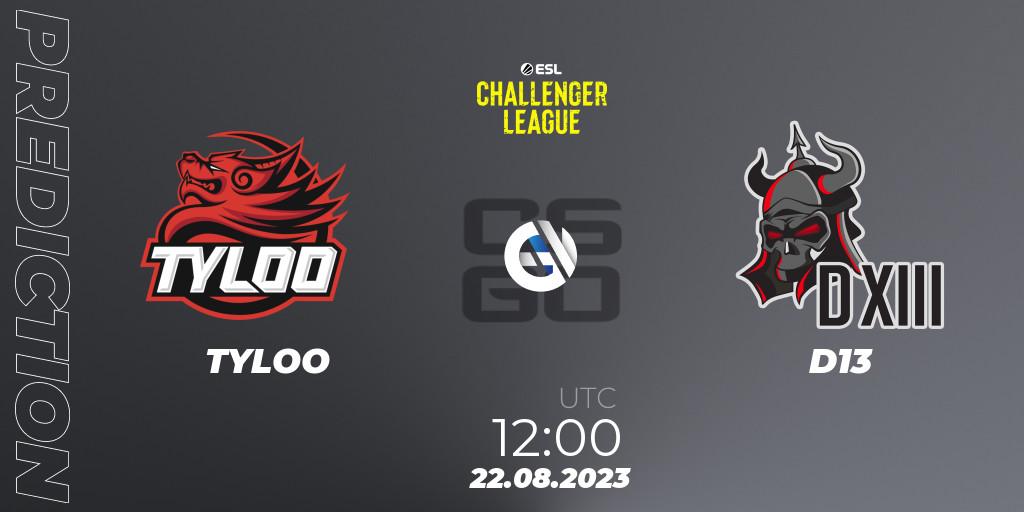 TYLOO vs D13: Match Prediction. 22.08.2023 at 12:00, Counter-Strike (CS2), ESL Challenger League Season 46: Asia-Pacific