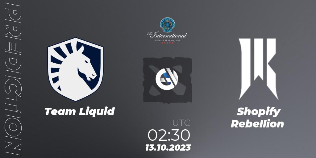 Team Liquid vs Shopify Rebellion: Match Prediction. 13.10.2023 at 02:49, Dota 2, The International 2023 - Group Stage