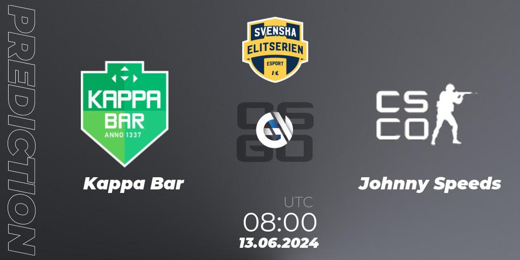Kappa Bar vs Johnny Speeds: Match Prediction. 13.06.2024 at 08:10, Counter-Strike (CS2), Svenska Elitserien Spring 2024