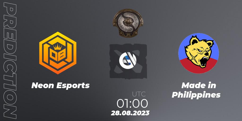 Neon Esports vs Made in Philippines: Match Prediction. 28.08.2023 at 01:02, Dota 2, The International 2023 - Southeast Asia Qualifier
