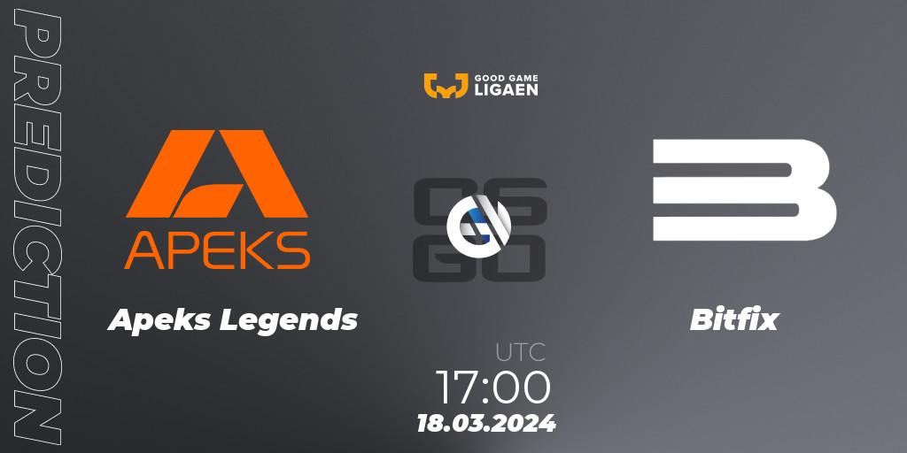 Apeks Legends vs Bitfix: Match Prediction. 18.03.2024 at 17:00, Counter-Strike (CS2), Good Game-ligaen Spring 2024