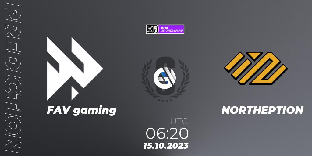 FAV gaming vs NORTHEPTION: Match Prediction. 15.10.2023 at 07:20, Rainbow Six, Japan League 2023 - Stage 2 - Last Chance Qualifiers