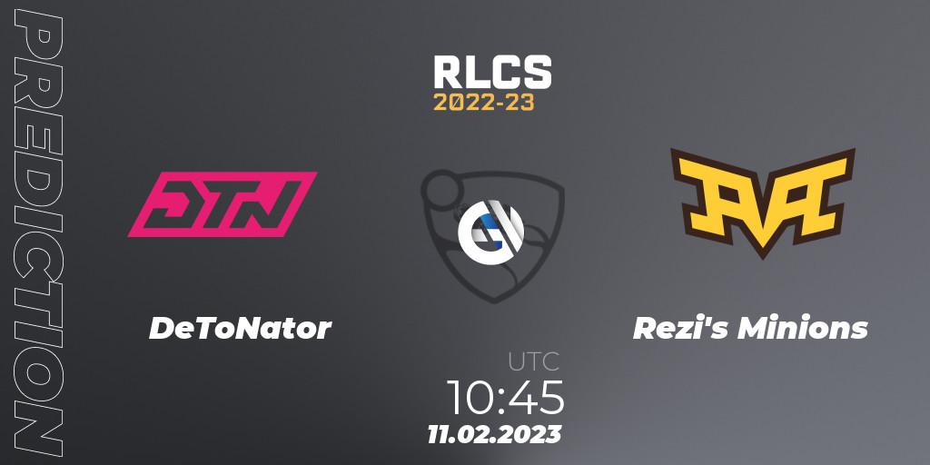 DeToNator vs Rezi's Minions: Match Prediction. 11.02.2023 at 10:45, Rocket League, RLCS 2022-23 - Winter: Asia-Pacific Regional 2 - Winter Cup